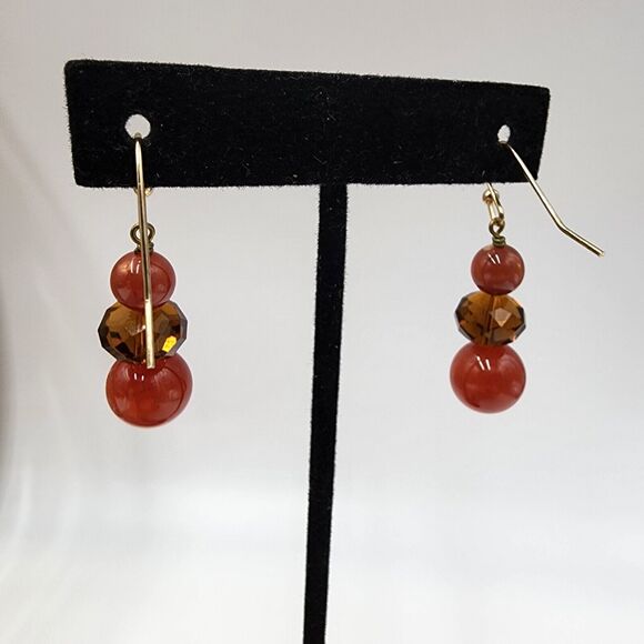 Genuine Red Carnelian Dangle 14K Gold Filled Brown Faceted Glass Hook Earrings - Picture 4 of 6